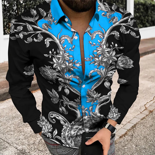 Men’s 3D Floral Print Long Sleeve Shirt – Designer Party & Prom Dress Shirt, S–5XL