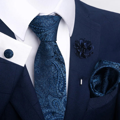 Luxury Men’s Floral Paisley Tie Set – Black & Gold Necktie with Matching Pocket Square, Cufflinks & Brooch | Elegant Wedding, Business, Dinner & Cocktail Look