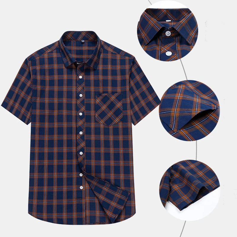 Plus Size 100% Cotton Plaid Short Sleeve Shirt for Men – Sizes Up to 8XL – Soft, Lightweight & Casual Summer Style