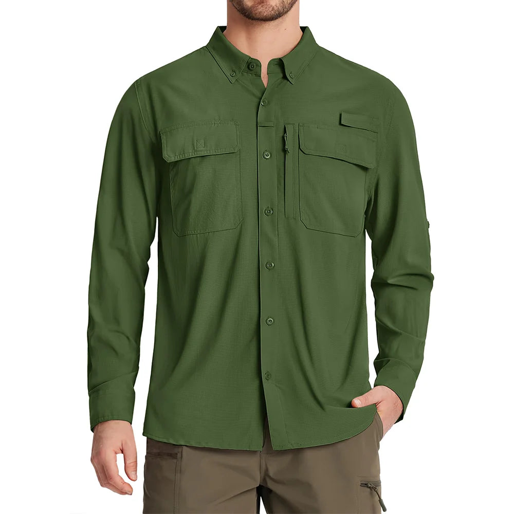Men’s UPF 50+ Quick-Dry Long Sleeve Outdoor Shirt – Breathable, Lightweight Fishing & Hiking Cargo Top