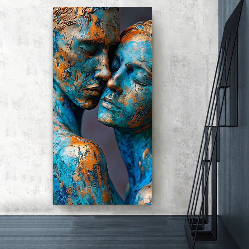 Romantic Girls Kissing Love Couples Canvas Painting Wall Art Blue Body Golden Touches Lesbian Poster Print Home Decor Cuadros