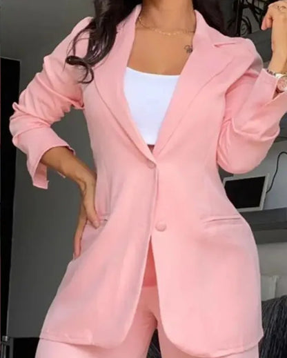 Women’s 2-Piece Solid Color Set – Spring/Autumn Fashion – Elegant Split Collar Top & Straight Tube Pocket Pants