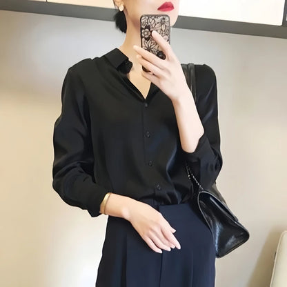 Elegant Satin Button-Down Blouse – Women’s Long Sleeve French Solid Shirt for Work & Evenings