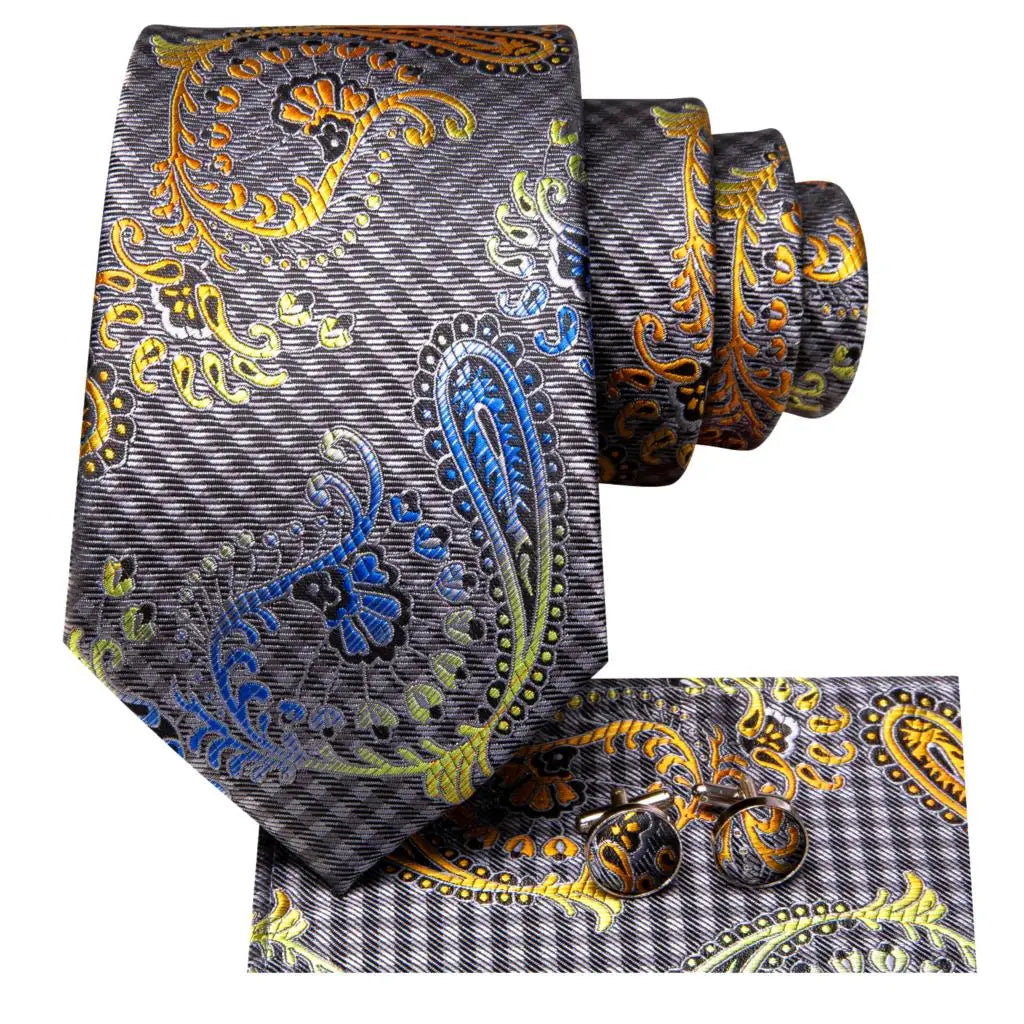 White & Grey Paisley Tie Set – Silk Necktie, Pocket Square & Cufflinks for Men – Formal Wedding & Business Accessory