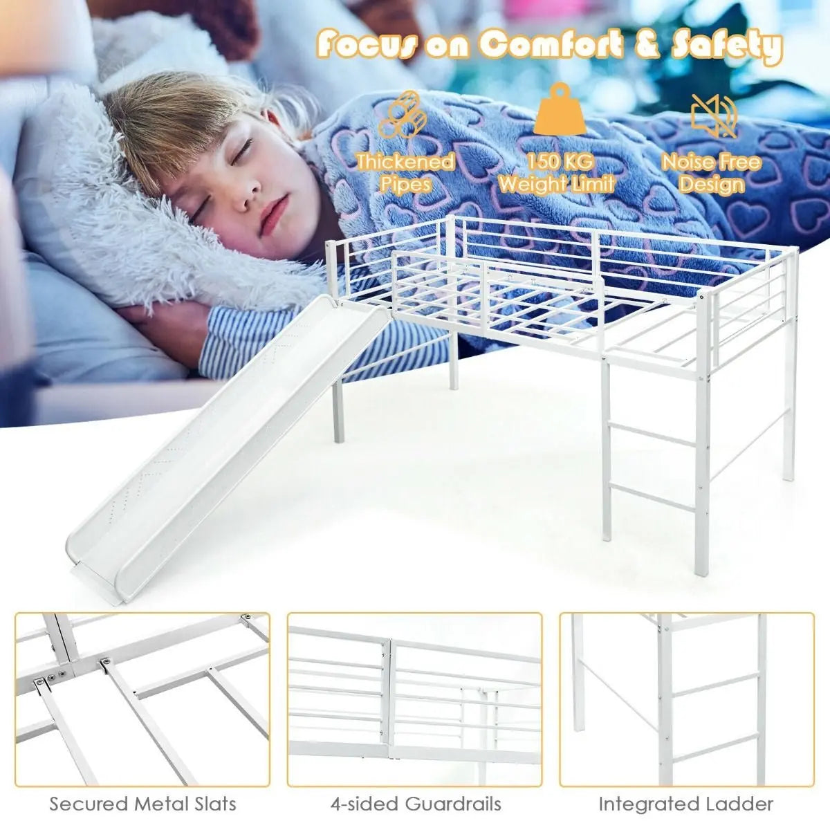 Sliding Loft Children Single Bed with Stairs and Safety Guardrails - DynamicDrop Hub