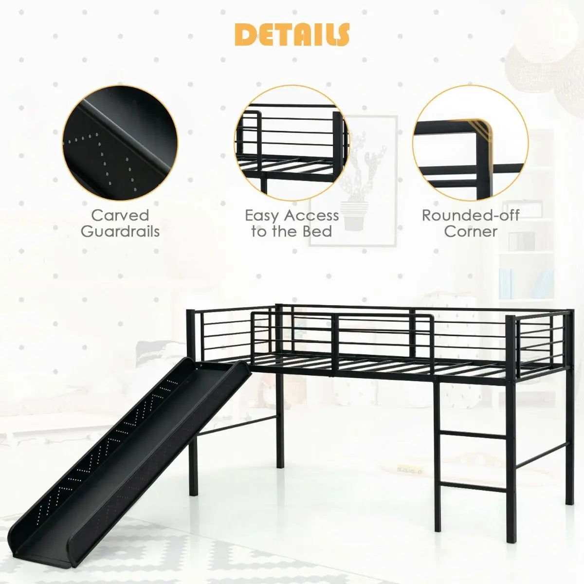 Sliding Loft Children Single Bed with Stairs and Safety Guardrails - DynamicDrop Hub