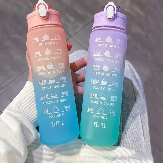 Sports Water Bottle – Portable Motivational Straw Cup, Rainbow Frosted Progressive Color with Free Brush - DynamicDrop Hub