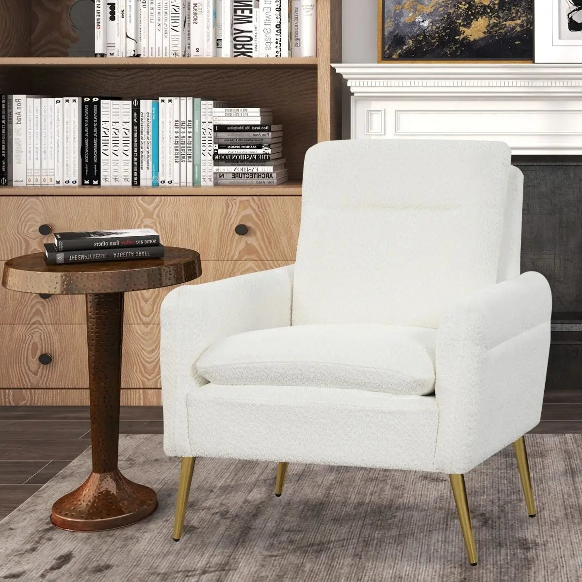 Upholstered Sherpa Armchair with Tapered Metal Legs - DynamicDrop Hub