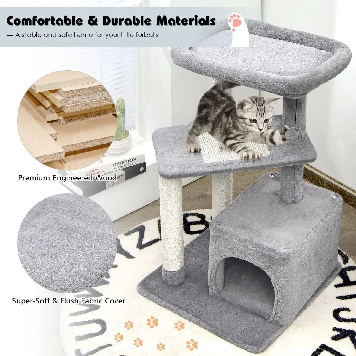 Wonderland Tree for Pets with Scratching Posts, Cat Condo, and Dangling Ball - DynamicDrop Hub