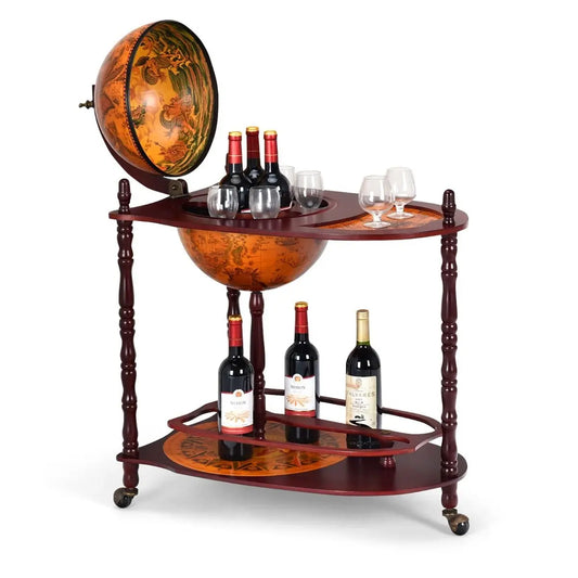 Wood Globe Wine Bar Stand with Retro Wood Liquor Bottle Shelf - DynamicDrop Hub