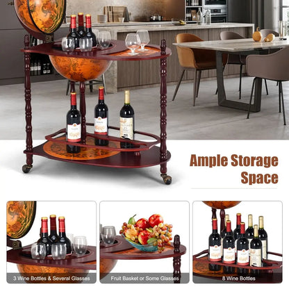 Wood Globe Wine Bar Stand with Retro Wood Liquor Bottle Shelf - DynamicDrop Hub