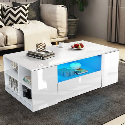 Wooden LED Coffee Table with Storage 2 Drawers Living Room Furniture High Gloss - DynamicDrop Hub