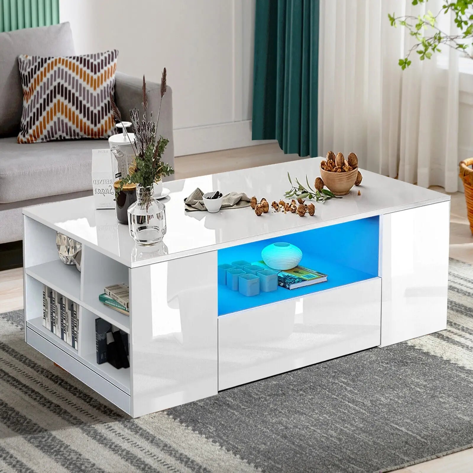 Wooden LED Coffee Table with Storage 2 Drawers Living Room Furniture High Gloss - DynamicDrop Hub