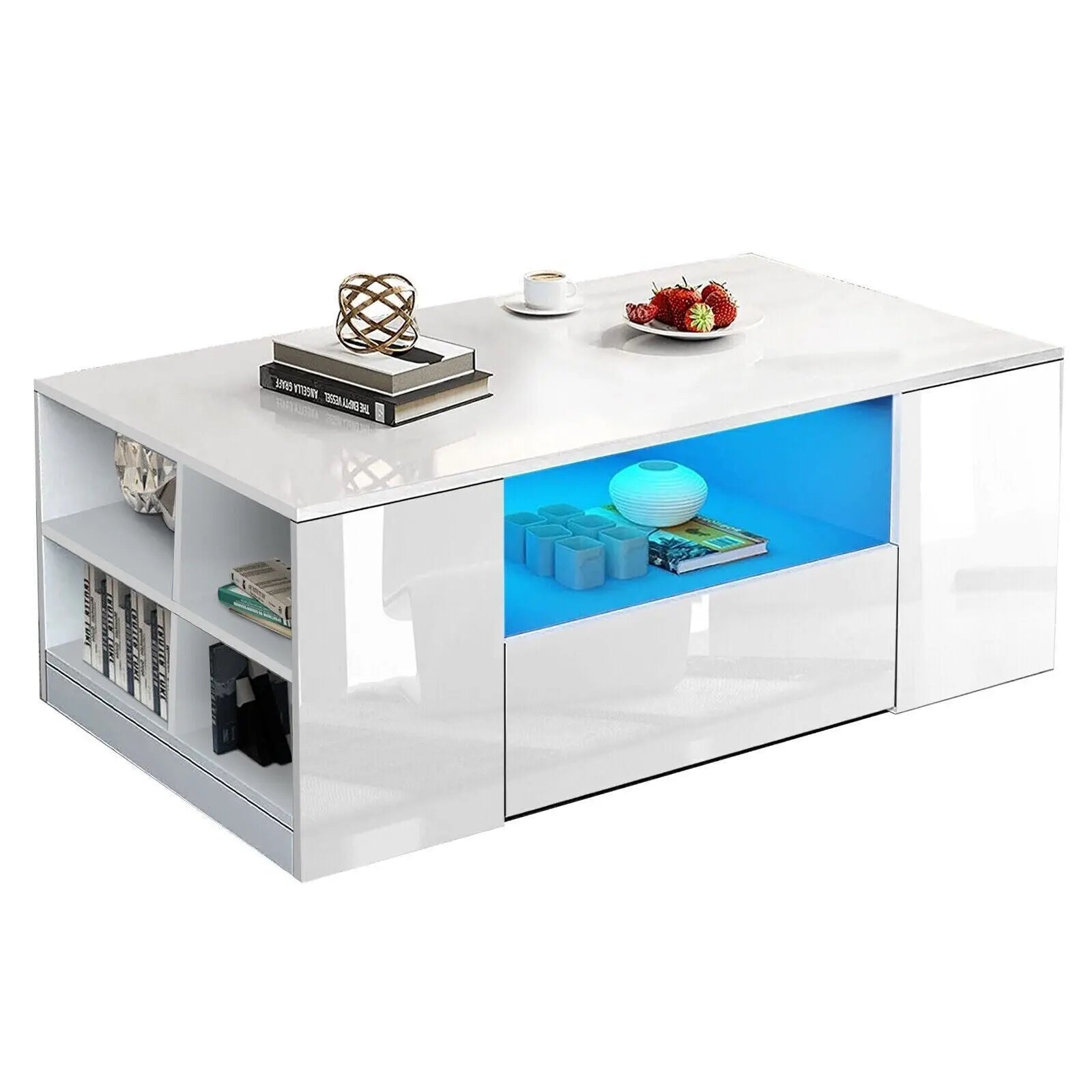 Wooden LED Coffee Table with Storage 2 Drawers Living Room Furniture High Gloss - DynamicDrop Hub