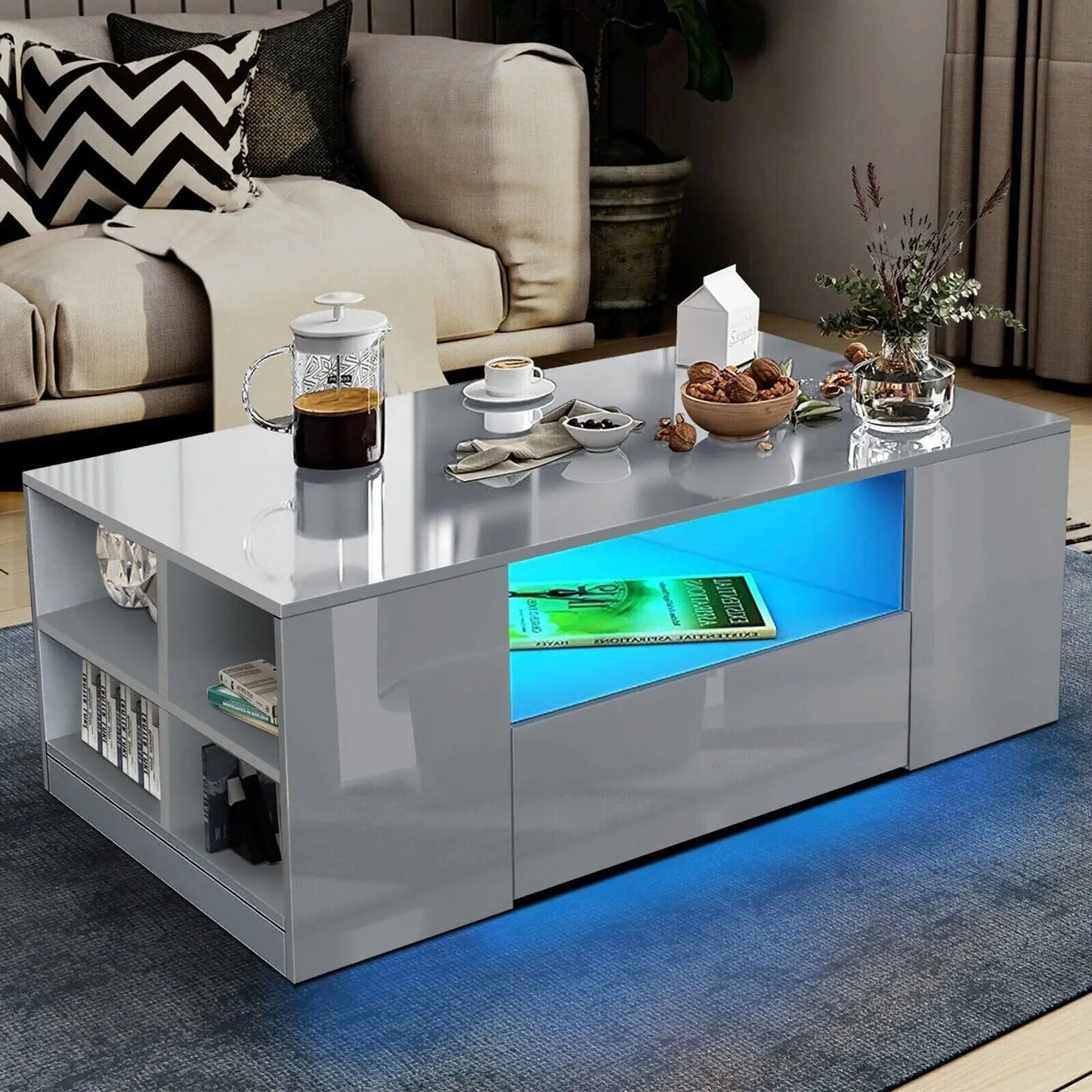 Wooden LED Coffee Table with Storage 2 Drawers Living Room Furniture High Gloss - DynamicDrop Hub