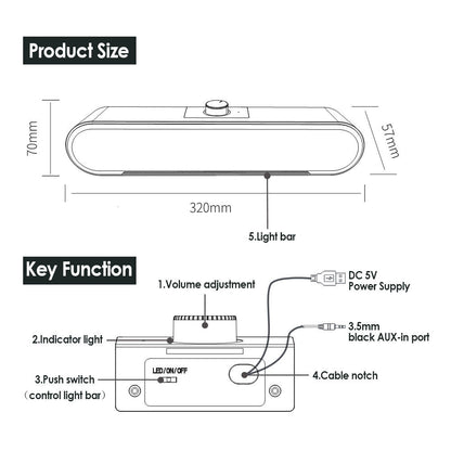 Wired PC LED USB Sound Bar Stereo Speakers TV Computer for PC Desktop Tablets