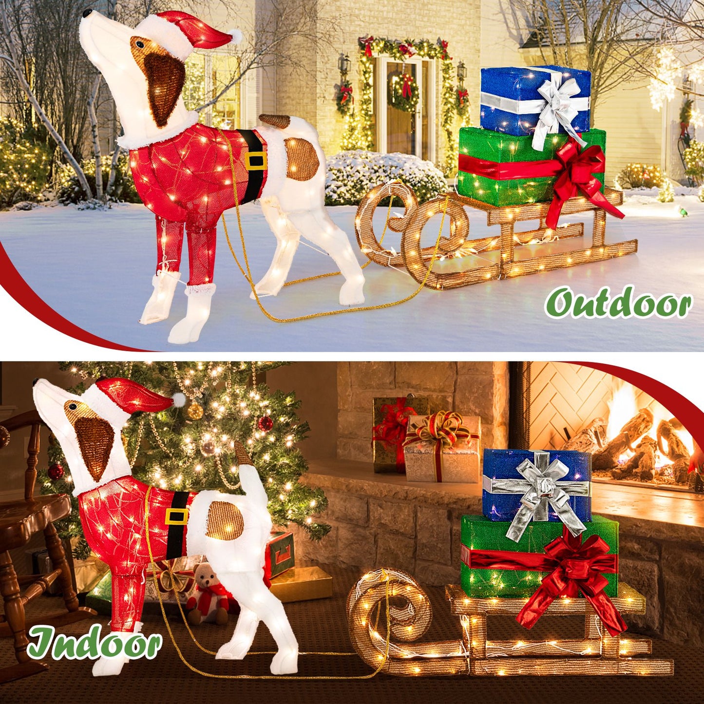 Pre-Lit Lighted Christmas Dog Sleigh Gift Boxes Combo Decoration