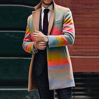 Formal Men's Geometric Pattern Plaid Lapel Trench Coat | Stylish Business Jacket for Fall & Winter