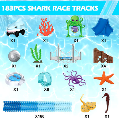 VATOS Track Toys Shark Race Car Toy for Boys Girls Age 3+ Bendable Flexible Racetrack Cars Ocean Train Toy STEM Educate Kid Set