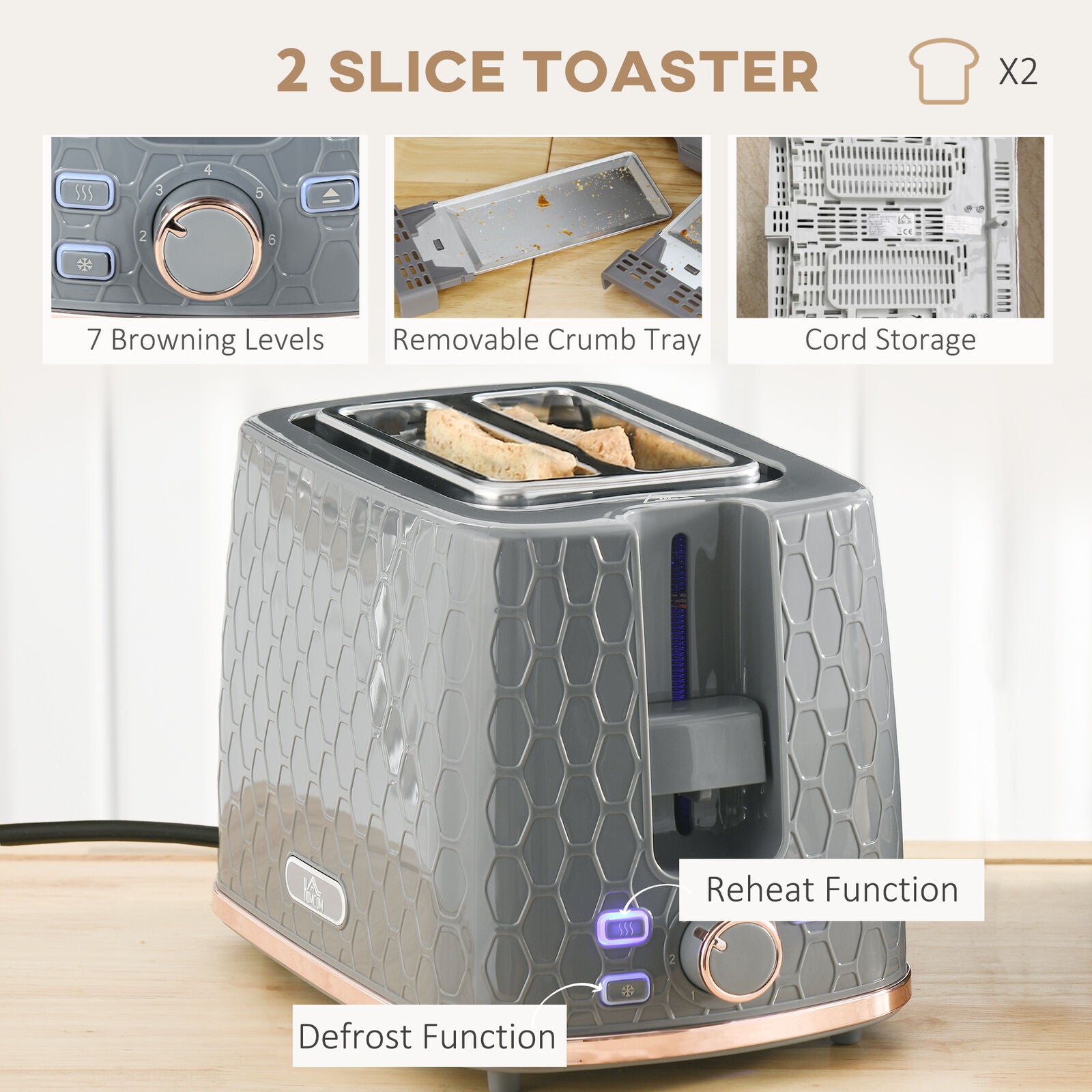 HOMCOM Kettle and Toaster Set - 1.7L Rapid Boil Kettle & Two-Slice Toaster in Grey