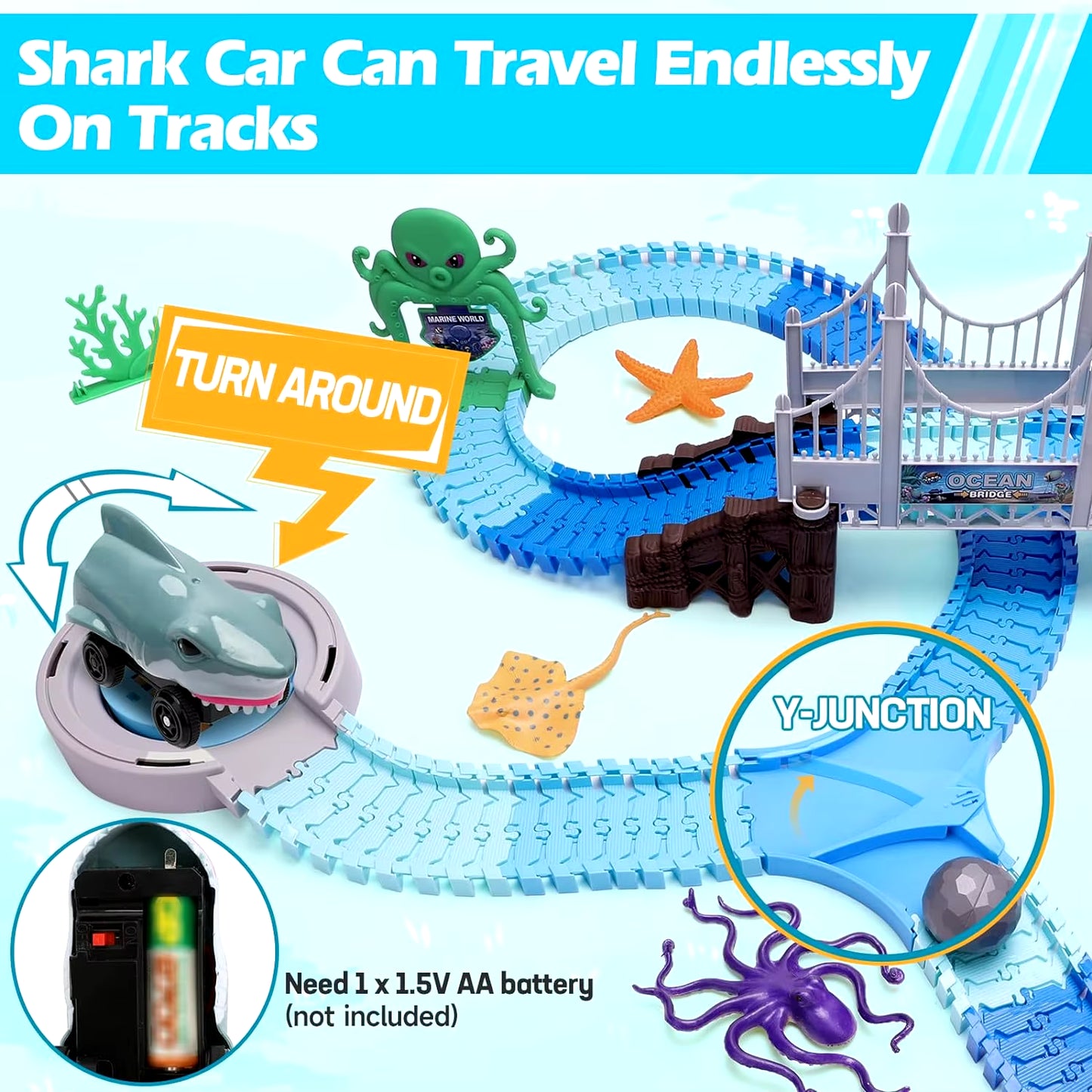 VATOS Track Toys Shark Race Car Toy for Boys Girls Age 3+ Bendable Flexible Racetrack Cars Ocean Train Toy STEM Educate Kid Set