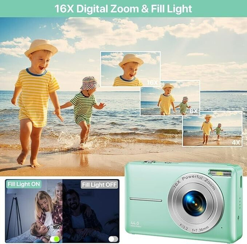 HD Digital Camera 44MP - 1080P Video, 2.4'' LCD, 16X Zoom, Anti-Shake, Ideal for Beginners