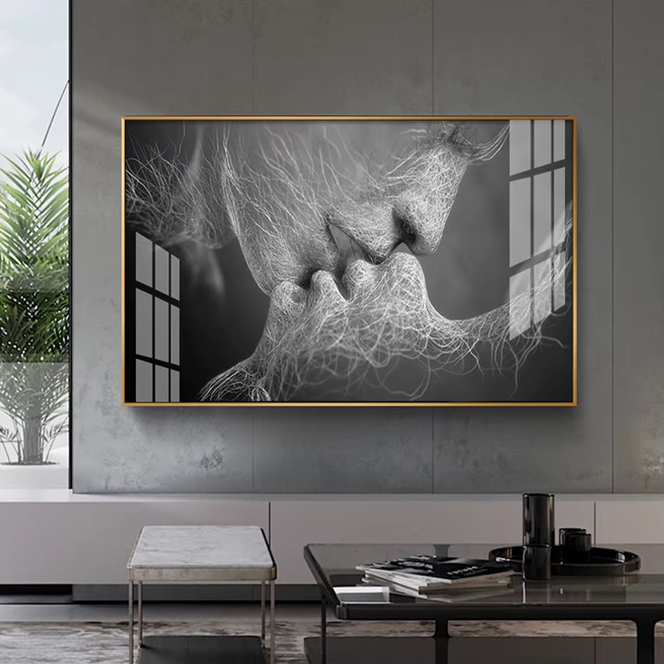 Kissing Couple Romantic Love Poster Abstract Canvas Painting - Black and White Wall Art Pictures Print for Bedroom Home Decoration