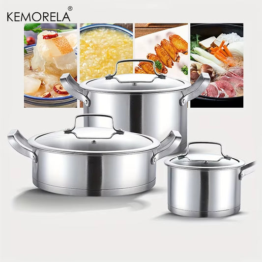 Stainless Steel Pot Set – Thickened Right-Angle Soup, Milk, Fry, and Steamer Pots (16/20/24cm)