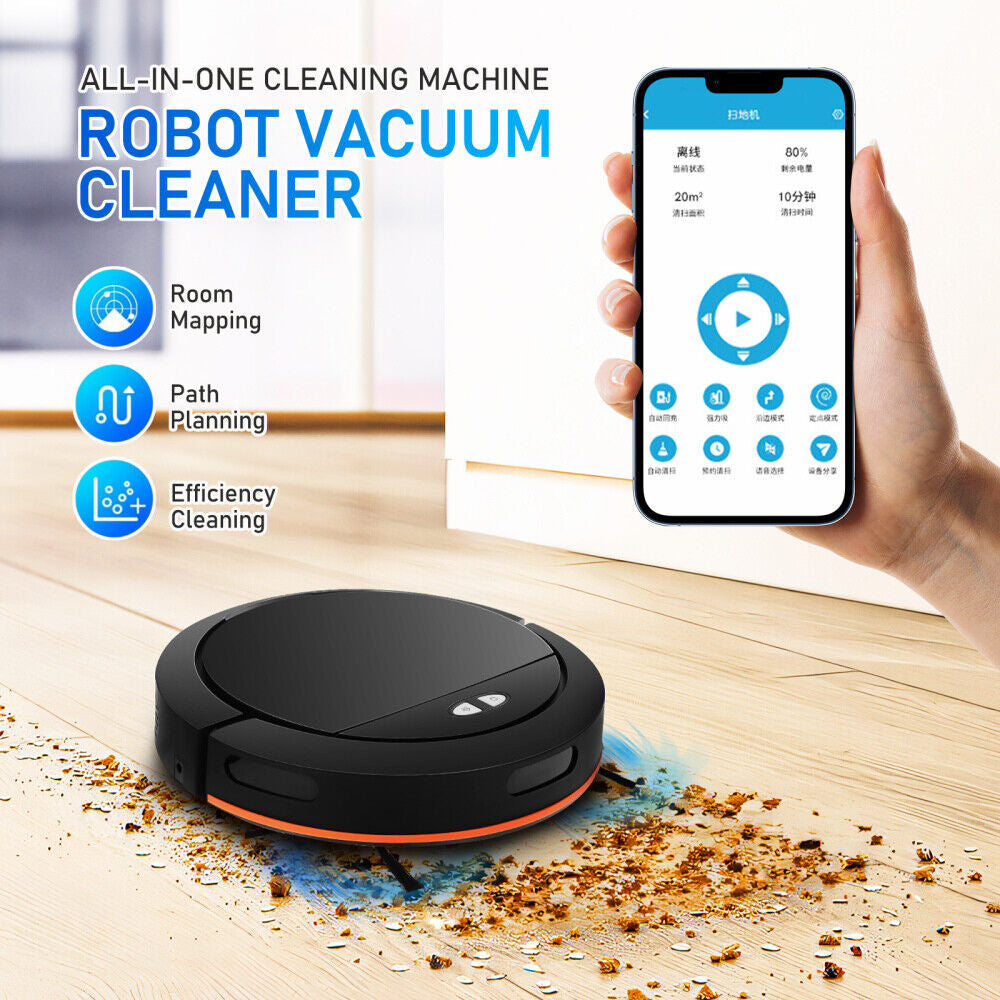 Compact WiFi Robot Vacuum Cleaner – Powerful 3-in-1 Cleaning with Auto Charging