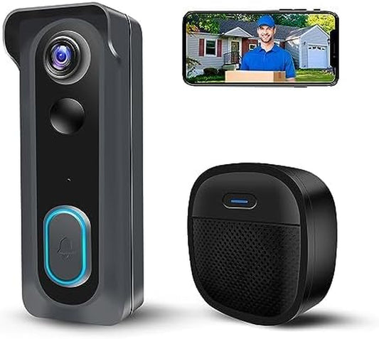 Video Doorbell Camera Wireless with Chime, 1080P Wifi Smart Doorbell, Voice Changer, PIR Motion Detection, 2-Way Audio, Night Vision, 2.4G, IP66, Battery Powered, Works with Alexa & Google Home