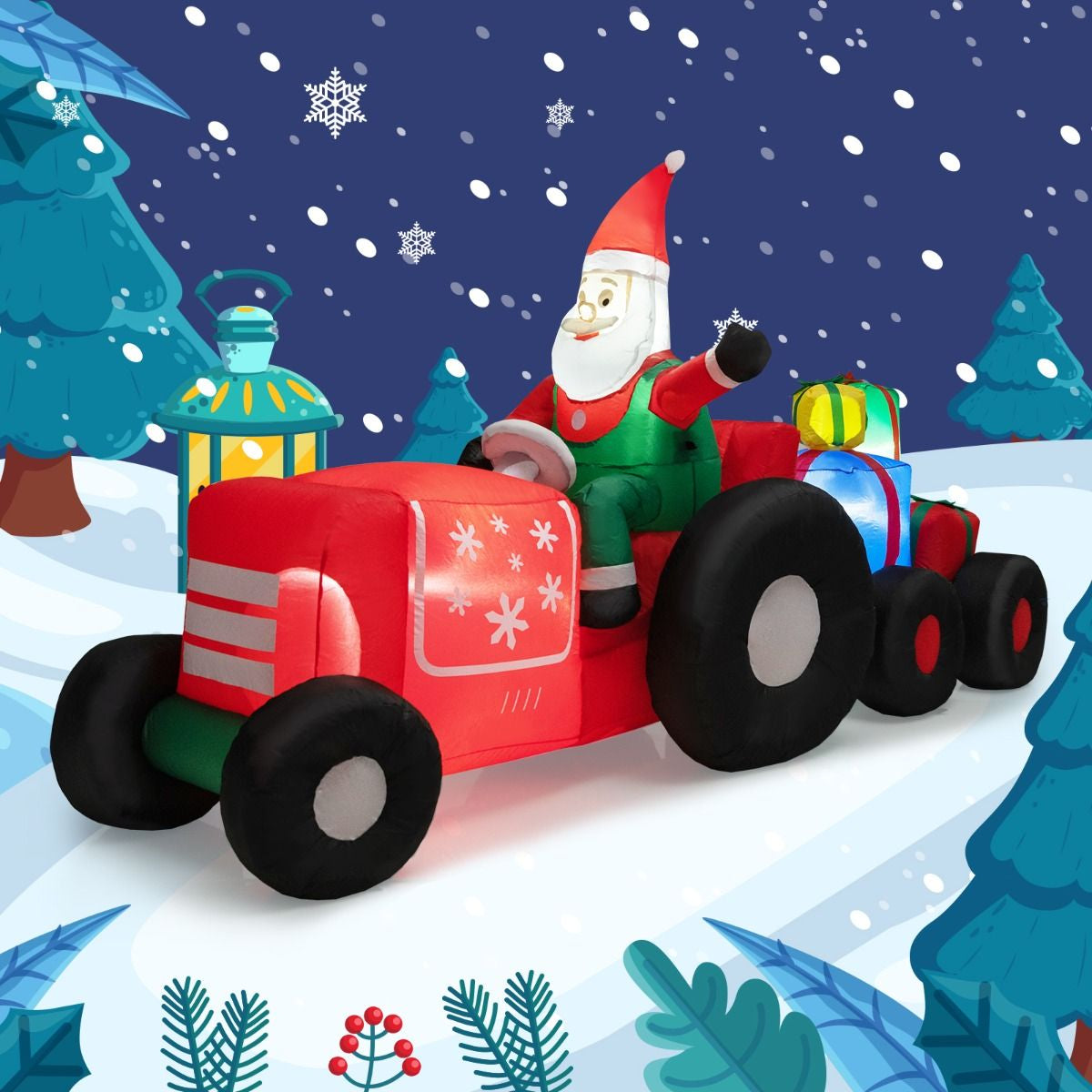 Inflatable Christmas Santa Claus Driving a Tractor with Gifts and LED Lights