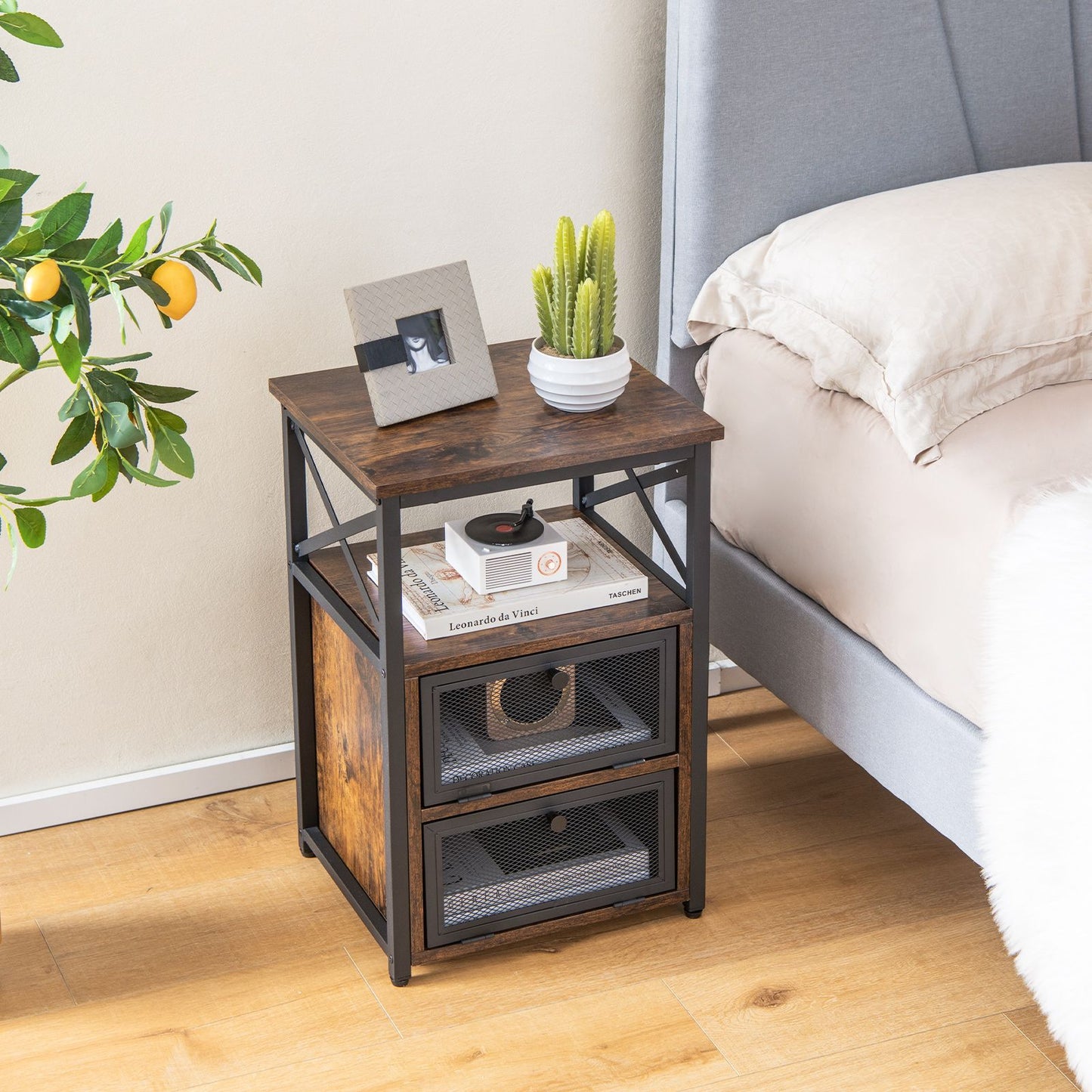 Industrial Bedside Nightstand with 2 Flip Drawers and Open Shelf