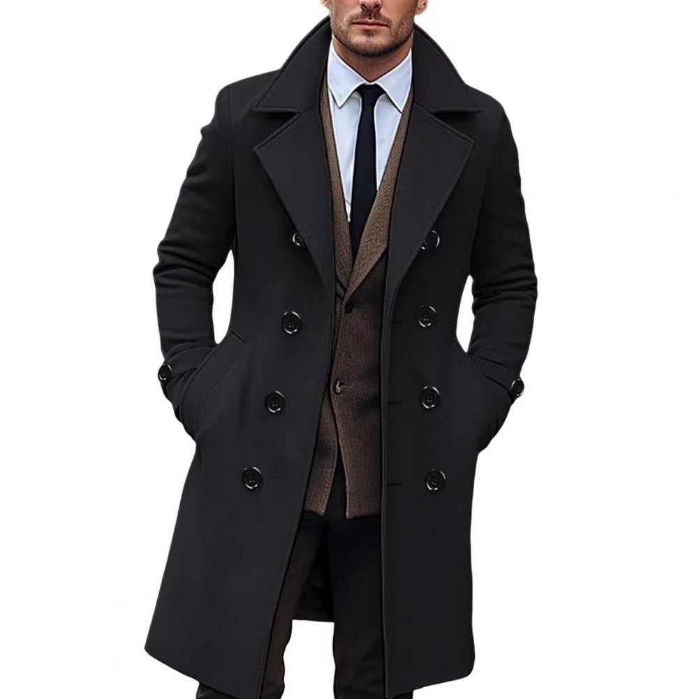 Men's Solid Color Long Woolen Coat - Lapel, Long Sleeve, Double-Breasted Windbreaker with Pockets, Mid-Length Outwear