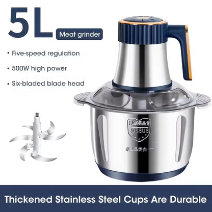 500W 5L Electric Meat Grinder & Food Processor | Stainless Steel Blender & Vegetable Chopper