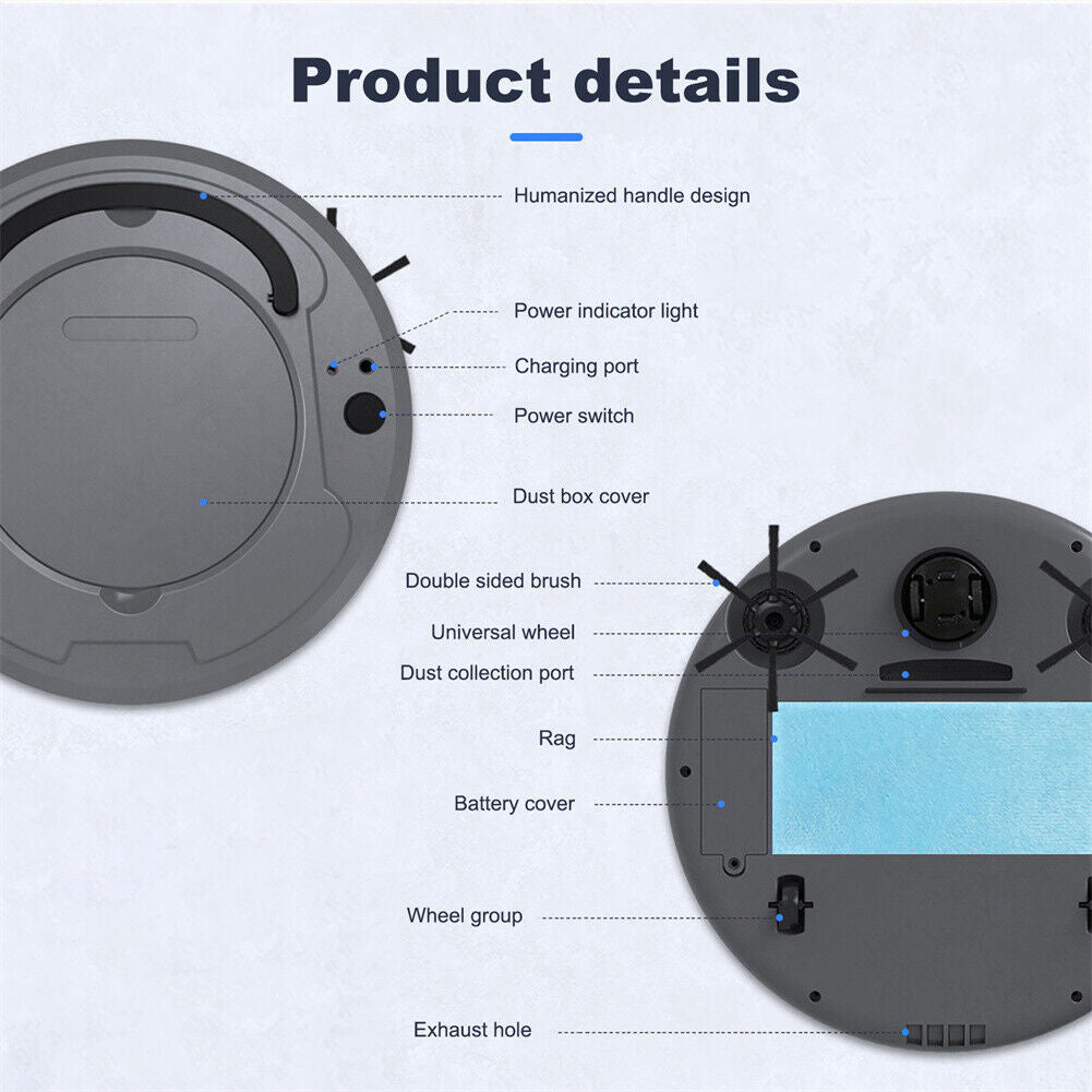 Smart 3-in-1 Robotic Vacuum Cleaner – Slim Design, USB Charging, 90-Min Runtime