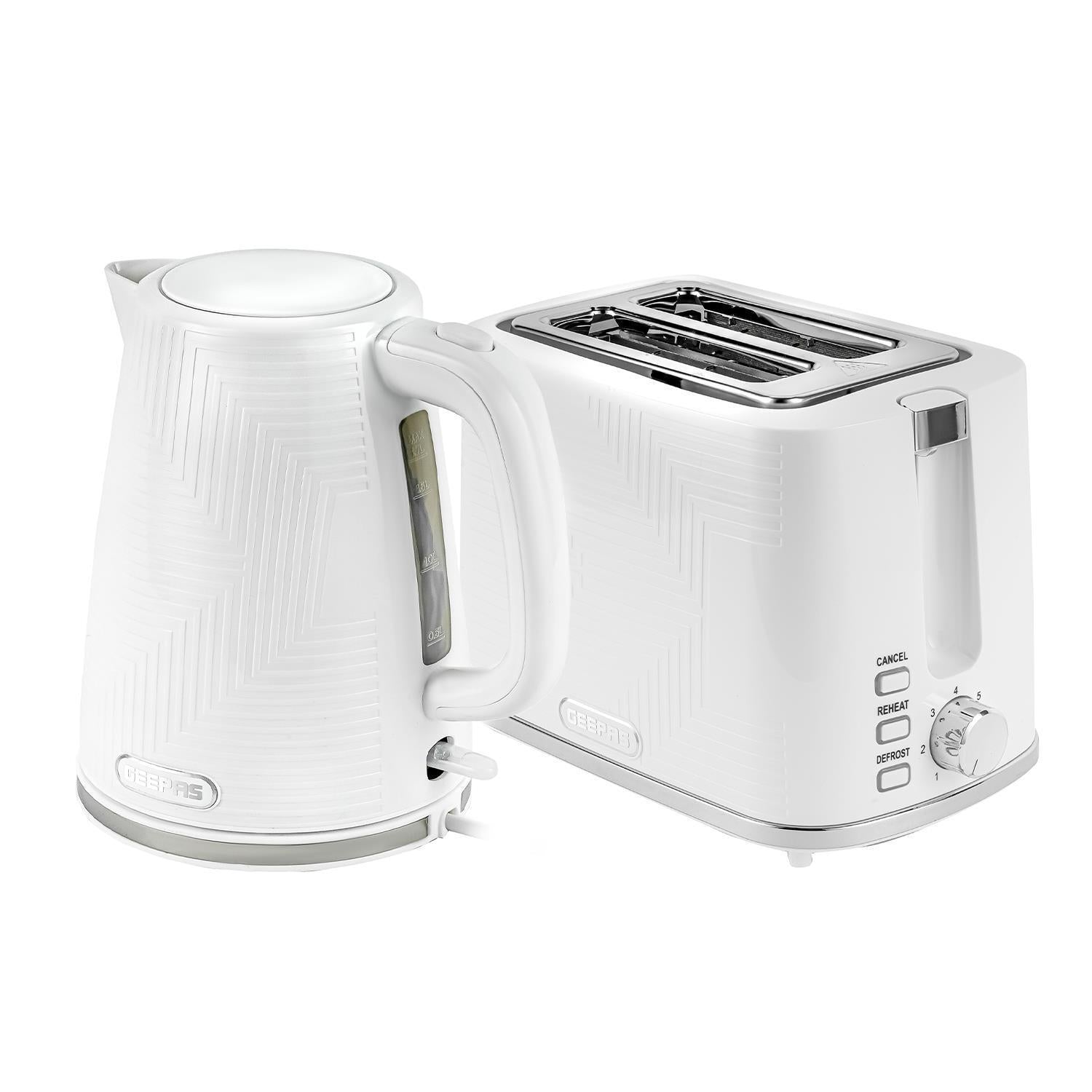 GEEPAS Opus Collection 1.7L Electric Kettle & 2 Slice Bread Toaster Set, White