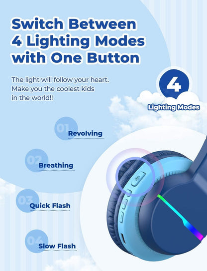 Bluetooth Kids Headphones BTH12 | LED Lights, 74/85dB Volume Limit, 85H Playtime, Bluetooth 5.2, Built-In Mic