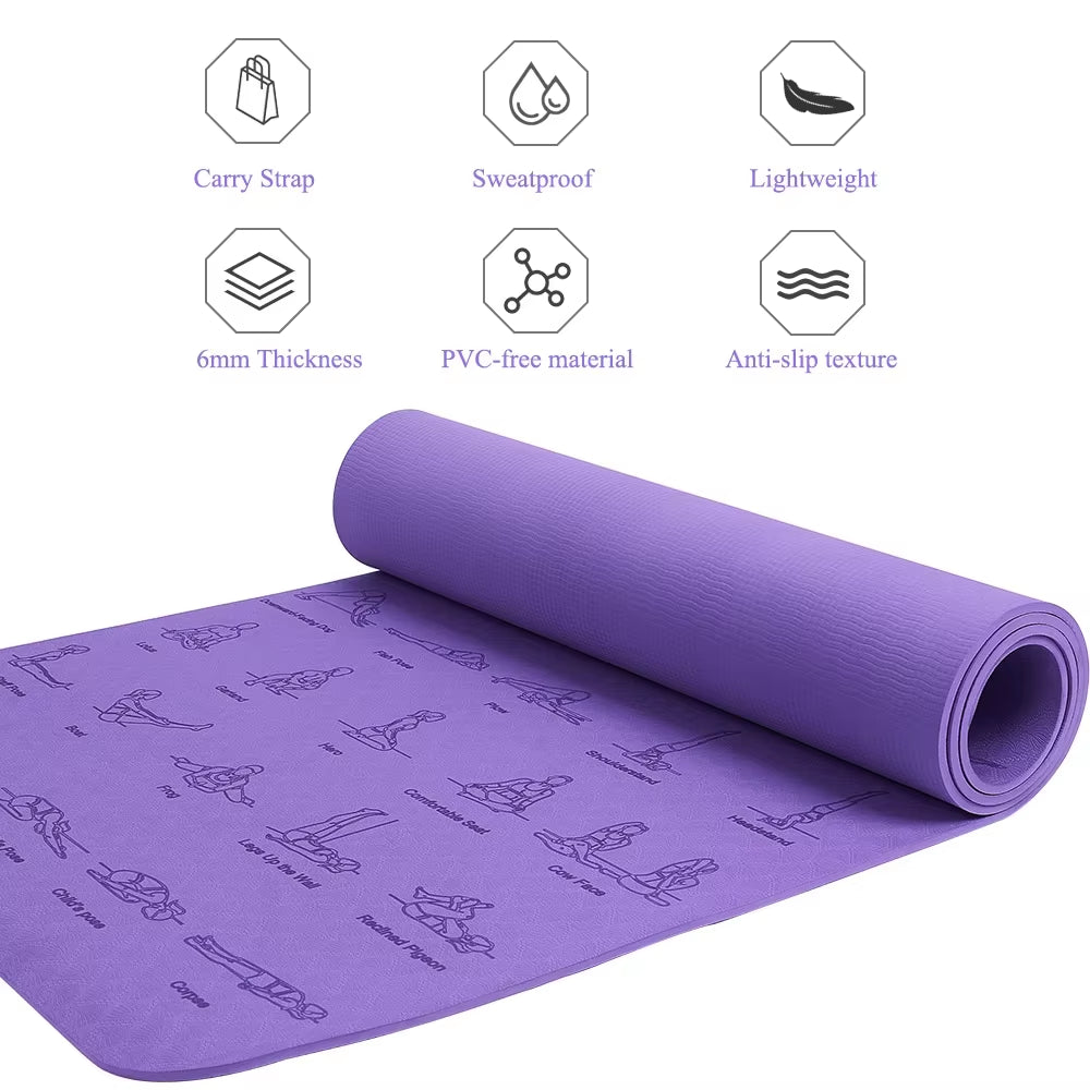 Eco-Friendly TPE Non-Slip Yoga Mat – 6mm Thick, 183cm x 57cm, for Yoga, Pilates, Fitness & More