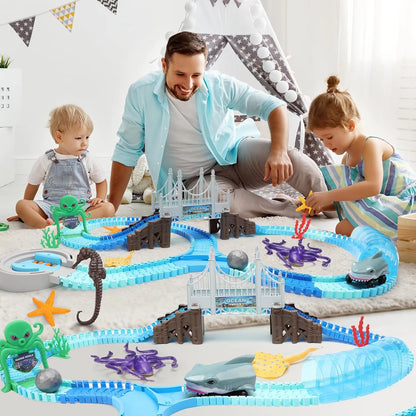 VATOS Track Toys Shark Race Car Toy for Boys Girls Age 3+ Bendable Flexible Racetrack Cars Ocean Train Toy STEM Educate Kid Set