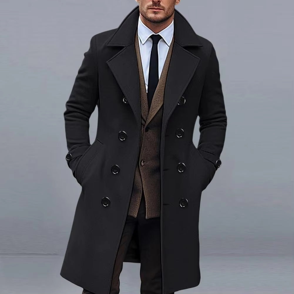 Men's Solid Color Long Woolen Coat - Lapel, Long Sleeve, Double-Breasted Windbreaker with Pockets, Mid-Length Outwear