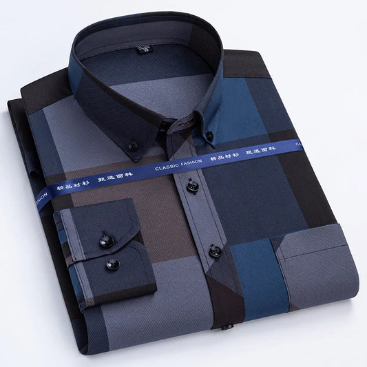 Men’s Slim Fit Non-Iron Plaid Dress Shirt – Anti-Wrinkle Business Casual Shirt for Spring & Autumn