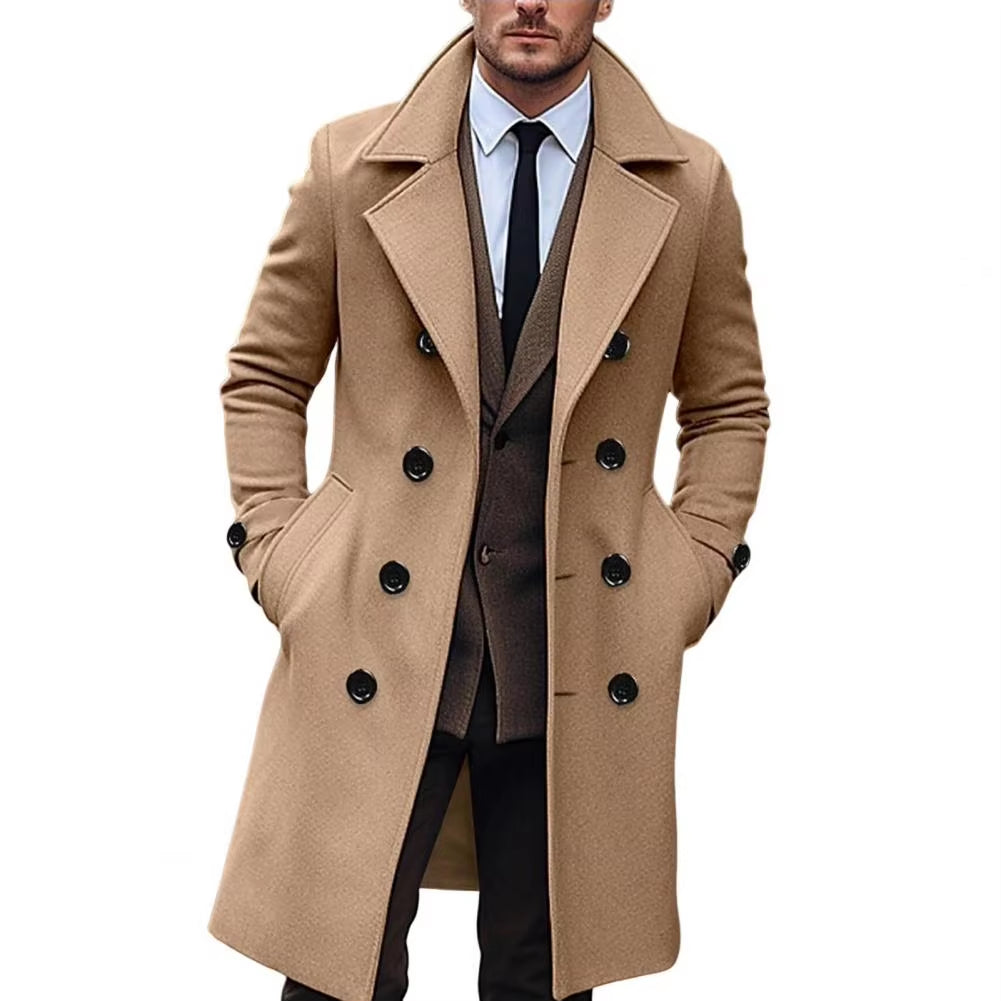 Men's Solid Color Long Woolen Coat - Lapel, Long Sleeve, Double-Breasted Windbreaker with Pockets, Mid-Length Outwear