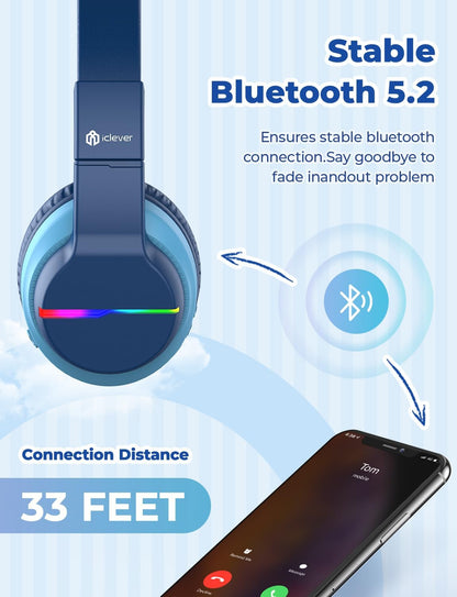 Bluetooth Kids Headphones BTH12 | LED Lights, 74/85dB Volume Limit, 85H Playtime, Bluetooth 5.2, Built-In Mic