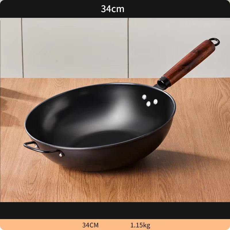 30CM Iron Frying Pan with Wooden Handle – Non-Stick Kitchen Cookware for Stir-Frying and Cooking