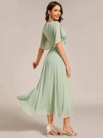 Mint Green Formal Evening Dress – Deep V-Neck Applique Ruffle Tea-Length Gown with Short Sleeves (Wedding Guest Dress, Corporate Event, Office Dress-Up)