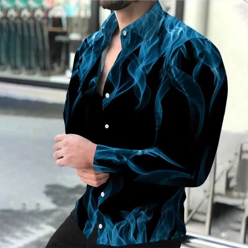 Fashion New Men Shirts Turn-Down Collar Buttoned Shirt Spring and Autumn Casual Flame Print Long Sleeve Tops Mens Clothes