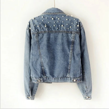 Women's Short Pearl Beaded Denim Jacket – Loose Fit Spring & Autumn Layer