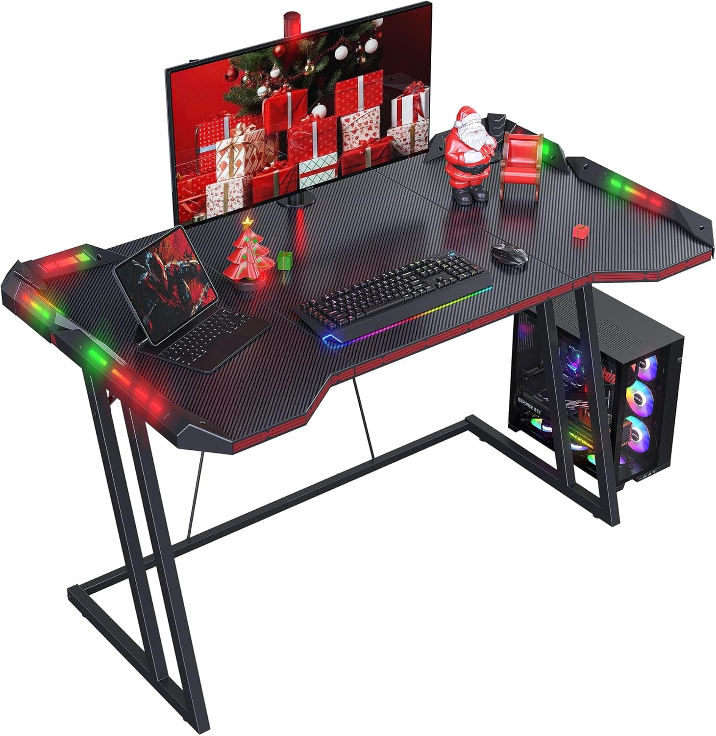 Gaming Desk with LED, 120 Cm Gamer Workstation, Home Computer with Carbon Fiber Surface, Black