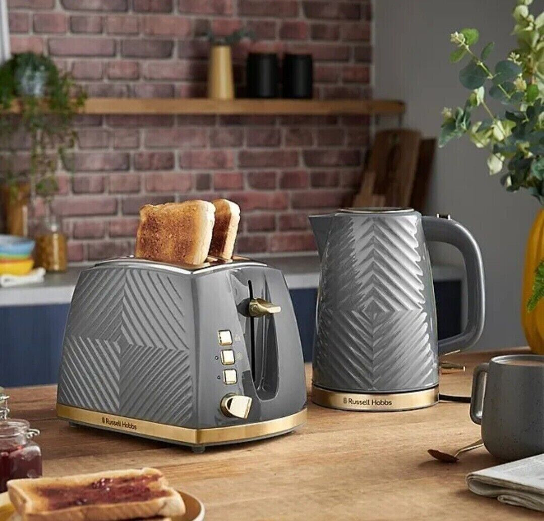 Russell Hobbs Groove Electric Kettle& 2 Slice Toaster Set Tactile 3D Design Grey