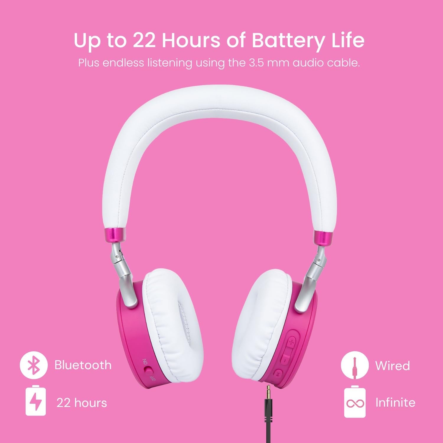 Juniorjam plus Volume Limiting Headphones for Kids, Safer Audio to Protect Hearing- Adjustable Bluetooth Headphones for Tablets, Smartphones, Pcs- 22-Hour Battery Life- Pink